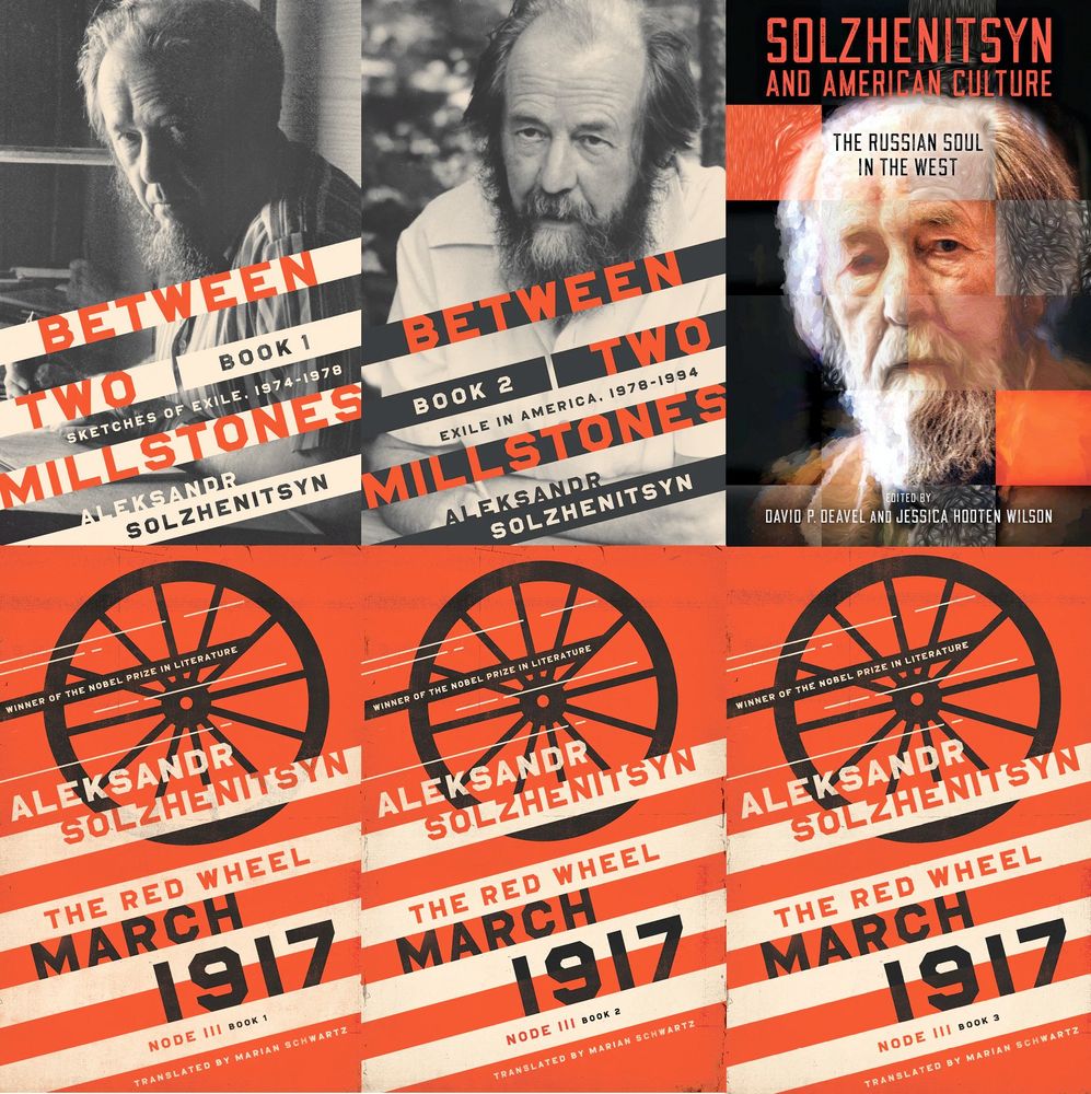 Collage: book covers of volumes by/about Aleksandr Solzhenitsyn, published by University of Notre Dame Press