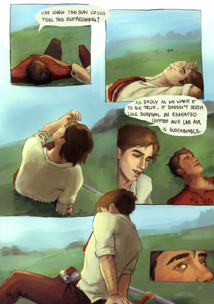 Jayce: „who knew the sun could feel this refreshing“ 
Viktor sits up: „as badly as we want it to ve true, it doesn‘t seem like survivaon reheated coffee and lab air is sustainable.“
Viktor is looking into the distance in the last panel while Jayce observes him dreamily. 