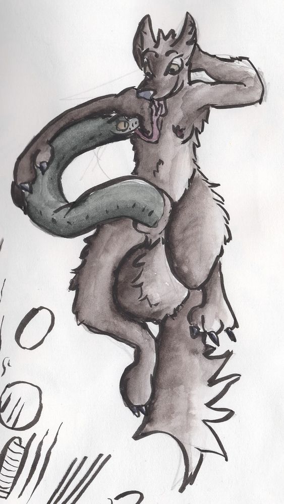 a wolf laying on his back touching tongues with his large snakecock