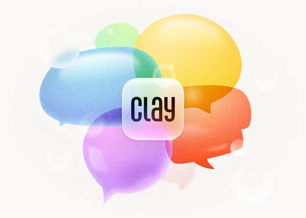 The Clay wordmark logo, surrounded by colorful translucent  chat bubbles.