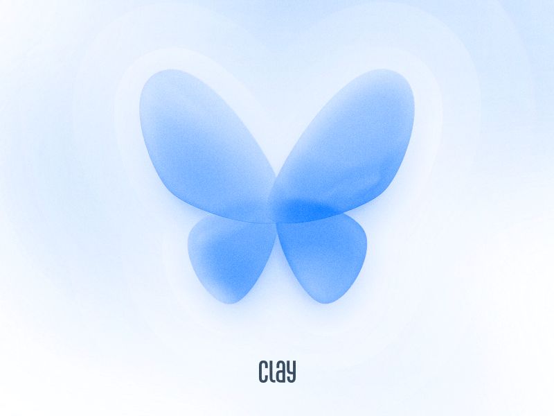 A glowing blue glass butterfly above Clay's logo.