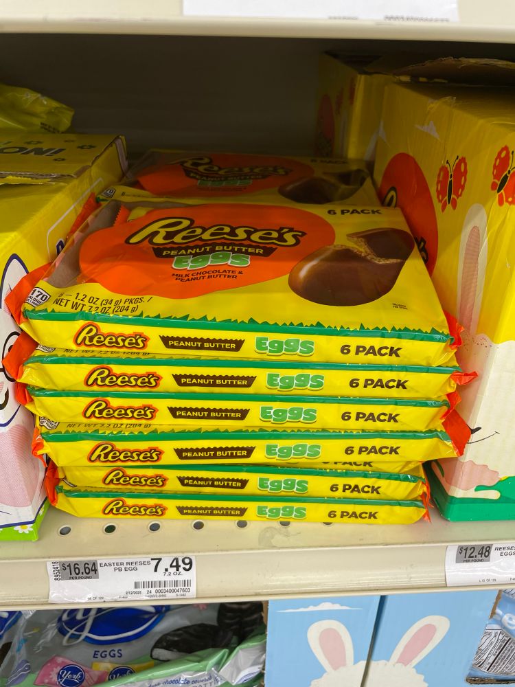 6 pack of Reese’s Peanut butter eggs on a grocery store shelf for $7.49