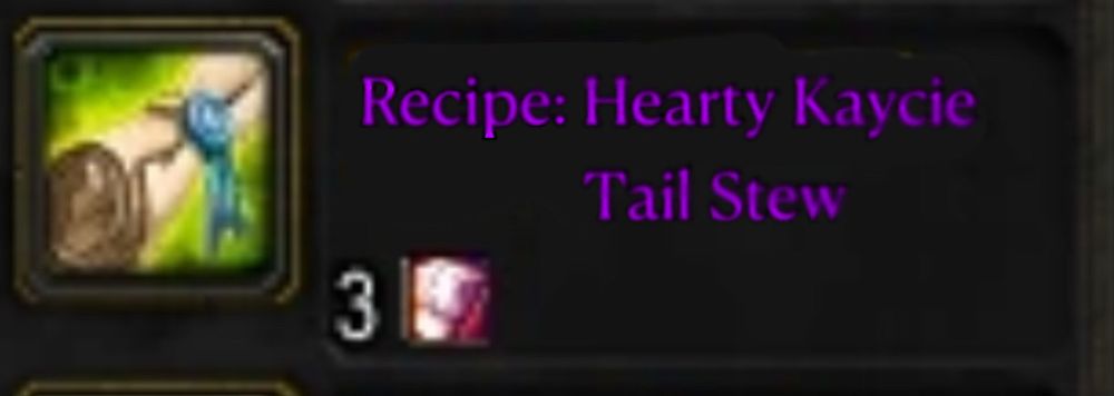 an MMO item scroll titled "Recipe: Hearty Kaycie Tail Stew"