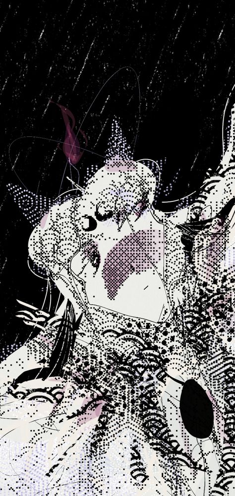 art of a nonbinary cat person in the rain with long hair and two moons on their forehead with a pink flame in mostly black and white with many textures and an egg shaped necklace