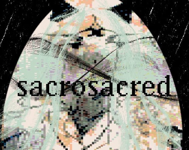 an itch promo image of a sea foam green haired cat person and the text "sacrosacred"