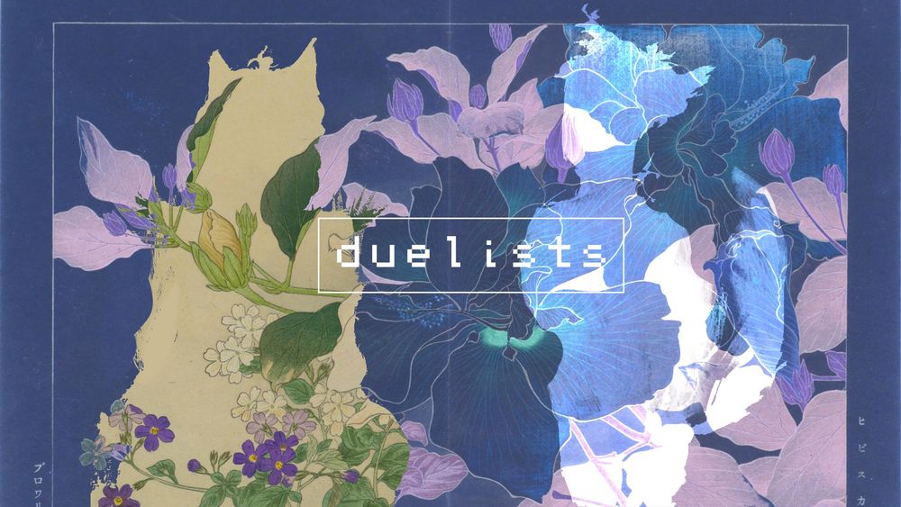 a deep blue and pink flower background with two silhouettes, one yellow cat femme in a dress and a transparent ghostly light wolfgirl 