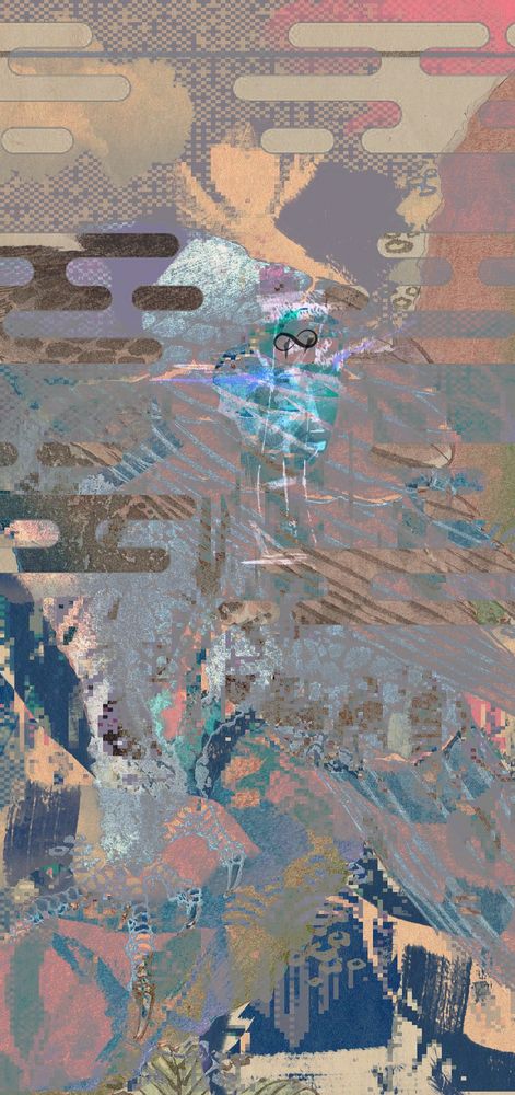 a highly textured illustration with a falcon/hawk theme of a god with light blue glow suggesting a face and an infinity sign