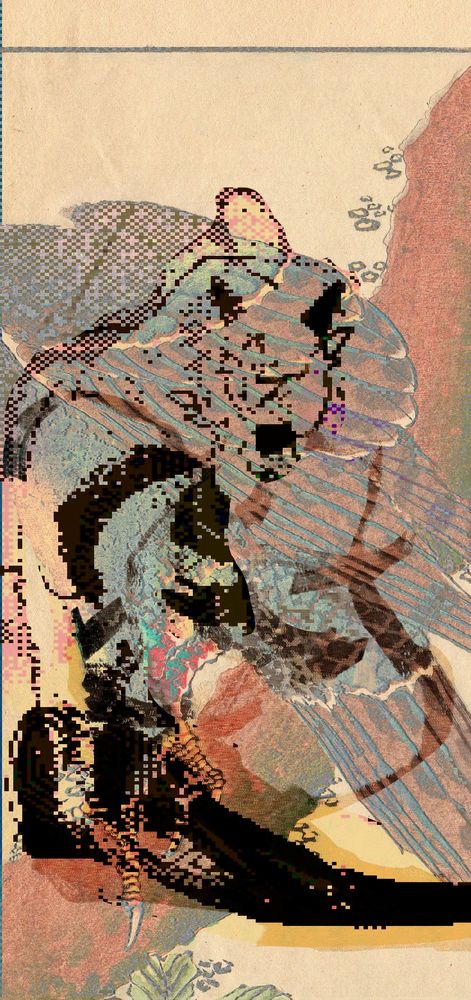 an illustration of two people embracing with a background of ukiyo-e layered behind