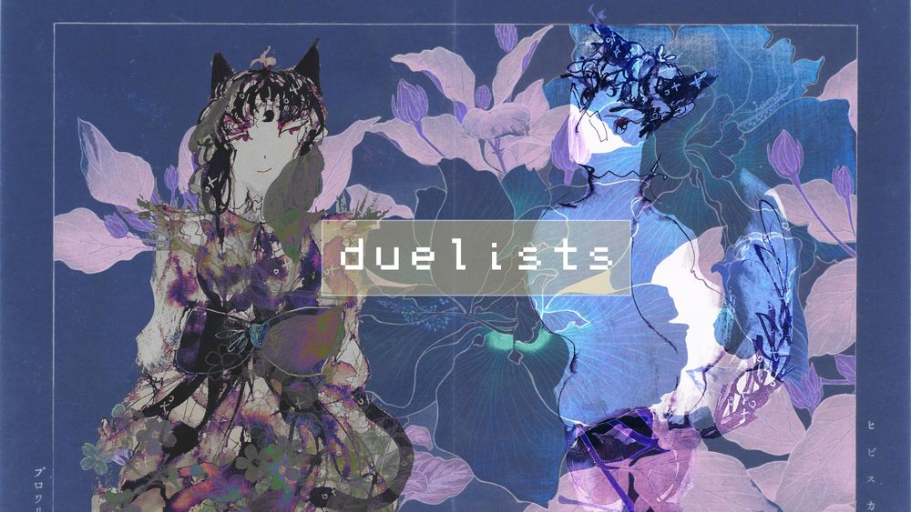 silhouettes from previous screen revealed to be muted toned inky greygreen and violet revealing the big bow on the front of the dress and the faint eyes and smile in the cat femme and the glasses and stern gaze of the wolf girl