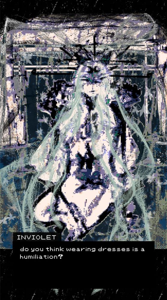 a dreary and ethereal melancholic illustration of a graceful emperor with the text INVIOLET: do you think wearing a dress is a humiliation? 