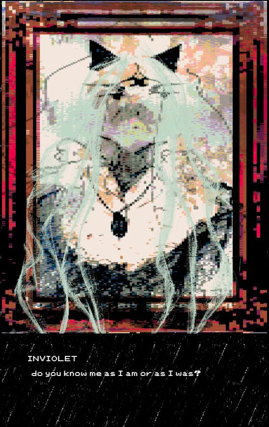 the same sea foam green haired cat person wearing a egg shaped locket in a huge ornate scarlet frame and the text "INVIOLET: do you know me as i am or as i was?"