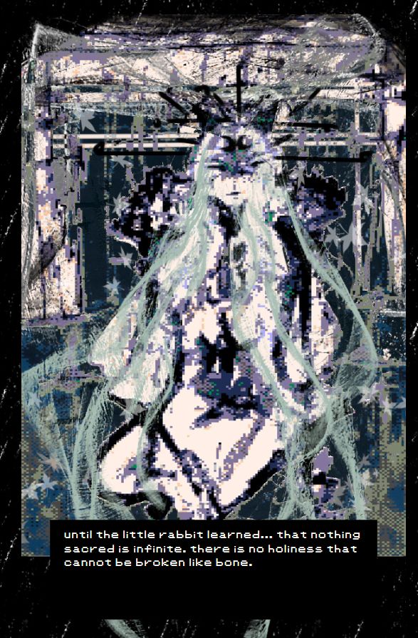 a screenshot of an imperious emperor sitting on the throne with cat ears and sea foam green hair and the text "until the little rabbit learned...that nothing sacred is infinite. there is no holiness that cannot be broken like bone."