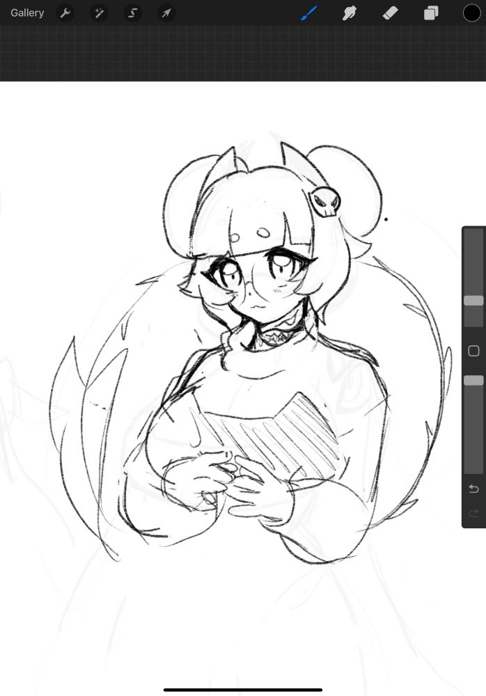 Sketch of girl with hands touching together gently shyly looking up 