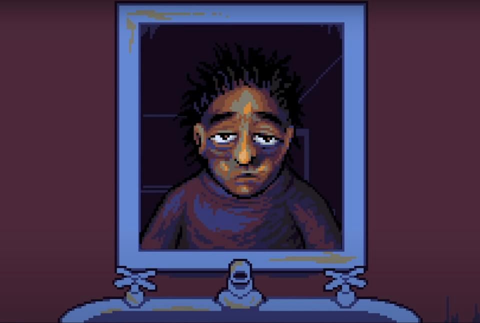 Main char from look outside at bathroom mirror