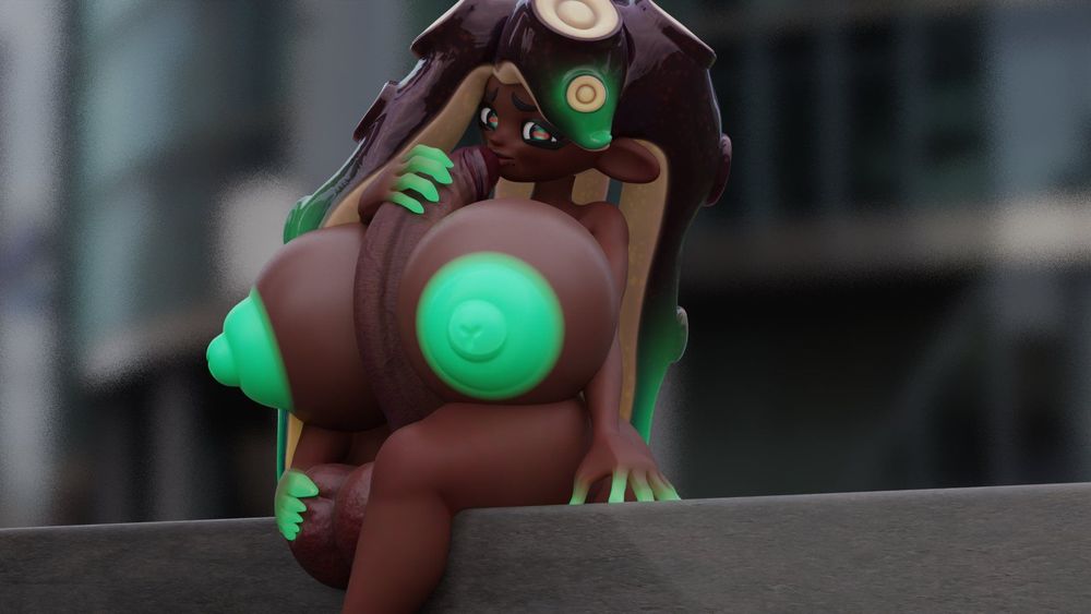 A nude, hyper breasted, huge cock-having Marina from splatoon smiles at the camera. She holds her cock up to her face while she squeezes one of her huge balls with her foot.