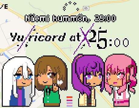 screenshot of the wplace website, showing a location in võro where the members of nightcord at 25:00 have been drawn. we have kanaena together on the left and mizumafu on the right. between the two pairings, we have tiny lesbian and trans flags. above the characters is the nightcord at 25:00 logo, except nightcord has been written as yuricord instead. above that is another line of text that translates as ''see you tomorrow at 25:00'', with a little throbber above it