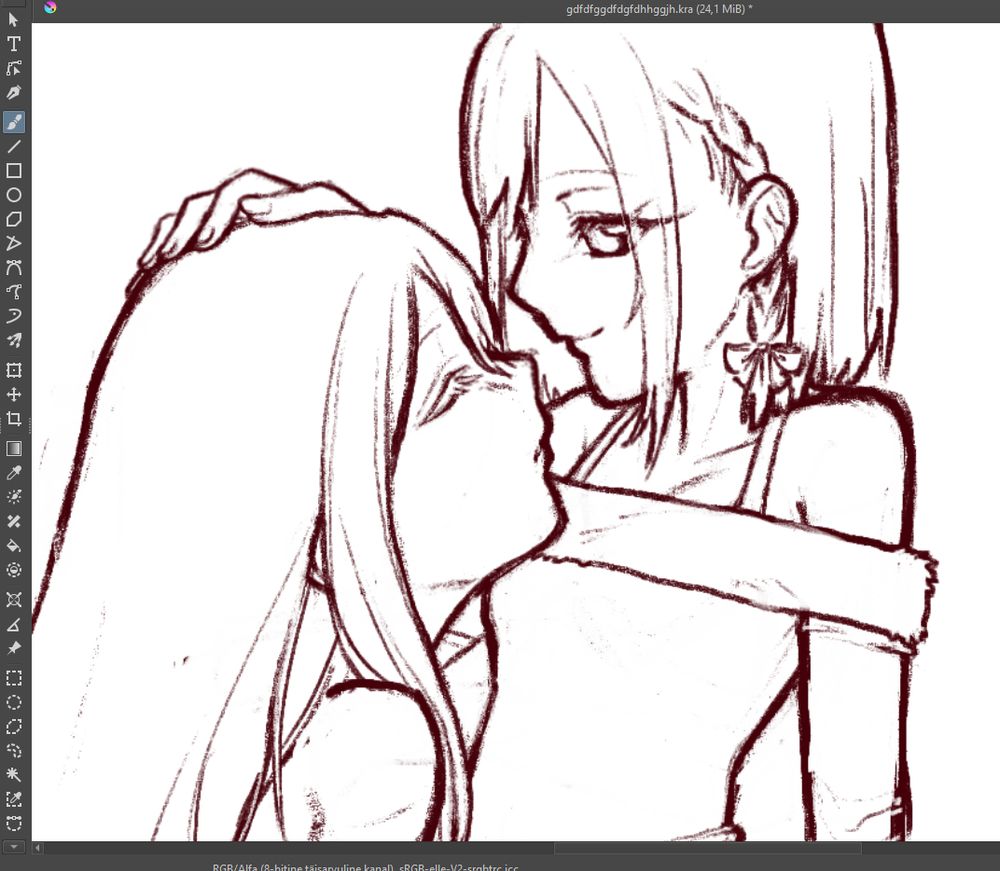 digital sketch of shinonome ena and yoisaki kanade. kanade is leaning toward ena with her eyes closed, receiving headpats... ena is of course very happy to provide, having a pleased smile on her face!