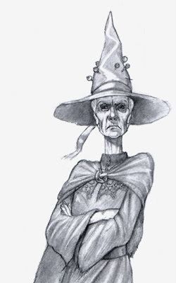 Paul Kidby's iconic drawing of Terry Pratchett's Discworld character Granny Weatherwax. A tall, thin, elderly white woman dressed in black dress & cloak with a black steeple "witch hat" held on with many hat pins. Her arms are crossed over her chest & she is scowling at the viewer. She can't be having with this. 