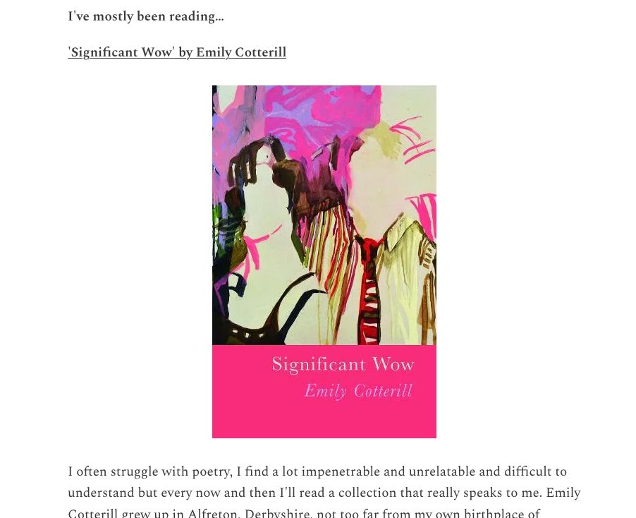 Book cover of "Significant Wow" by Emily Cotterill, featuring an abstract painting of two faceless figures-one in a black dress and the other in a striped shirt and tie-set against a vibrant pink and cream background. The title and author's name appear in white text on a bright pink banner at the bottom.