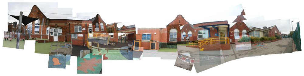 A panoramic collage of a red-brick school building taken from various angles. The image appears to be digitally stitched together from multiple photos, creating a slightly distorted but comprehensive view of the school grounds, including outdoor play areas, ramps, and entrances.