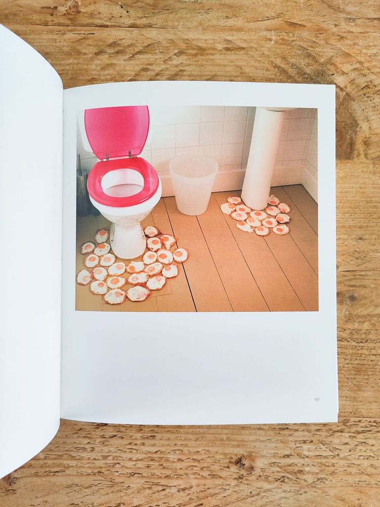 A bathroom scene featuring a toilet with a bright pink seat. The floor is covered with dozens of what appear to be painted or artificial slices of food or abstract objects arranged in clusters.
Photo Credit: Sian Bonnell