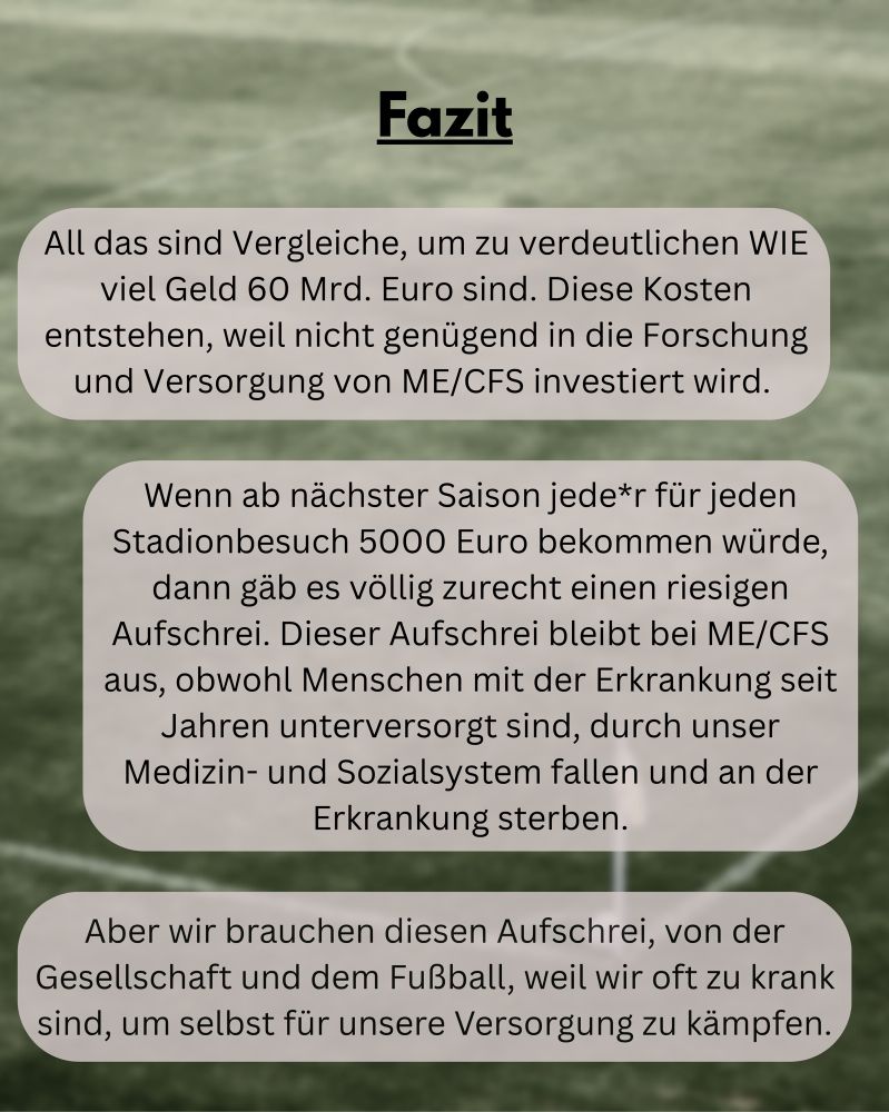 Fazit
All das sind Vergleiche, um zu verdeutlichen WIE viel Geld 60 Mrd. Euro sind. Diese Kosten entstehen, weil nicht genügend in die Forschung und Versorgung von ME/CFS investiert wird.
Wenn ab nächster Saison jede*r für jeden Stadionbesuch 5000 Euro bekommen würde, dann gäb es völlig zurecht einen riesigen Aufschrei. Dieser Aufschrei bleibt bei ME/CFS aus, obwohl Menschen mit der Erkrankung seit Jahren unterversorgt sind, durch unser Medizin- und Sozialsystem fallen und an der Erkrankung sterben.
Aber wir brauchen diesen Aufschrei, von der Gesellschaft und dem Fußball, weil wir oft zu krank sind, um selbst für unsere Versorgung zu kämpfen.