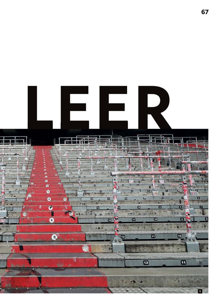 Screenshot DFB Magazin S.67
Großes „LEER“ über in der Mitte abgeschnitten Bild einer leeren Stehtribüne
