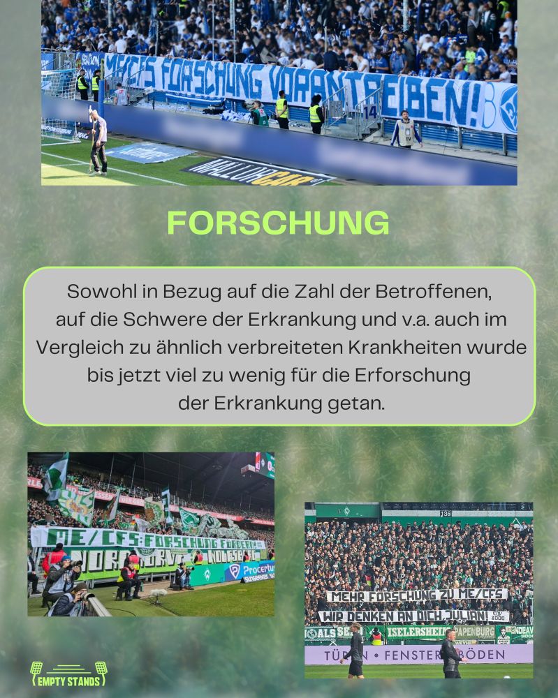 Drei Bilder zu einer Collage zusammengefasst zum Thema Forschungsförderung von ME/CFS im Kontext von Fußballspielen. Oben ein großes blau-weißes Banner von Darmstadt-Fans mit der klaren Botschaft "ME/CFS FORSCHUNG VORANTREIBEN!". In der Mitte ein Textfeld, das darauf hinweist, dass bisher zu wenig Forschung in Bezug auf die Anzahl der Betroffenen und die Schwere der Erkrankung betrieben wurde. Die unteren Bilder zeigen Fußballfans von Werder Bremen mit Bannern, die "MEHR FORSCHUNG ZU ME/CFS" fordern. Der Hintergrund der Collage ist grünlich verschwommen und erinnert an ein Fußballfeld.