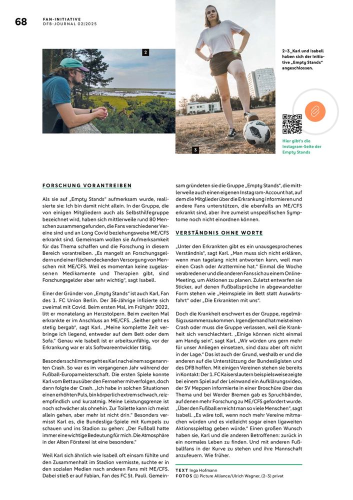 Screenshot DFB Magazin S.68
Text über Empty Stands, ME/CFS & LongCovid (leider zu lang)