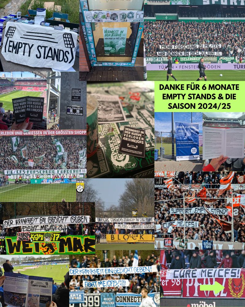 Collage aus Bildern mit Bannern für mehr ME/CFS Forschung und in Unterstützung für Empty Stands. Neben Bannern sind auch Sticker (Vermisst in der Kurve - Verloren an ME/CFS) dabei. Die Stadien sind mal große Stadien, mal kleinere 