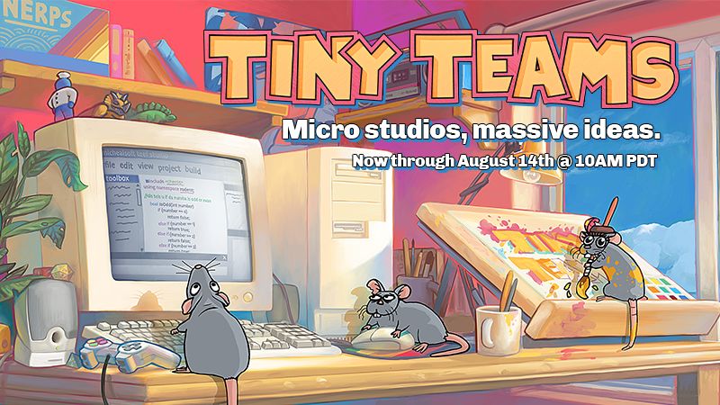 Artwork for Tiny Teams 2025. In a vibrant cartoon style are three rats on a desk coding a game and painting artwork. There are bits and bobs around the room like books, stationary, and figurines. Outside the window there is a blue sky.