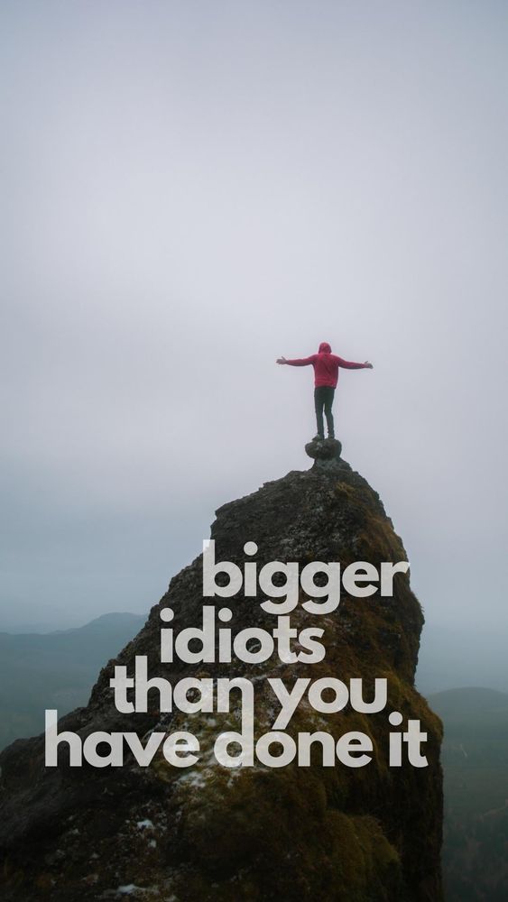 A picture of someone standing on top of a mountain with their arms spread while balancing on a small rock, captioned "bigger idiots than you have done it"