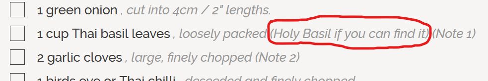 A screenshot of a recipe that recommends "holy basil" as an ingredient