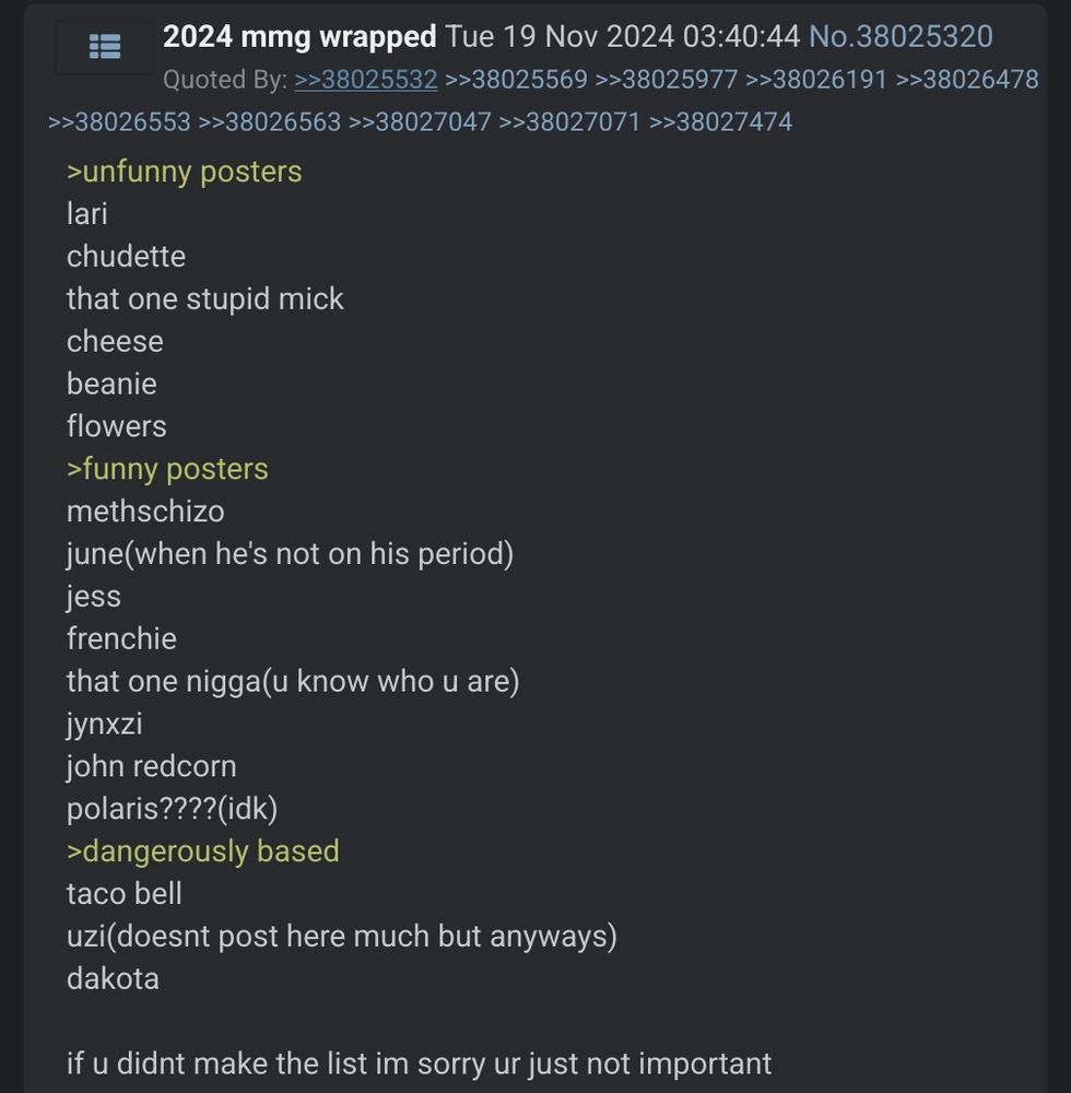 Anon posted their 2024 /mmg/ (manmoder general) wrapped sorting tripposters into unfunny posters, funny posters, and dangerously based posters. polaris is sorted under funny, but with question marks and idk by their trip 