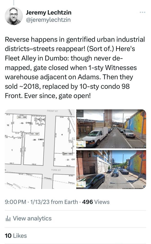 Screenshot of 2023 tweet describing Fleet Alley in Dumbo, Brooklyn