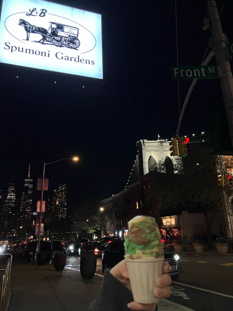 L&B Spumoni Gardens cup of spumoni in front of the Brooklyn Bridge in Fulton Ferry Landing / DUMBO