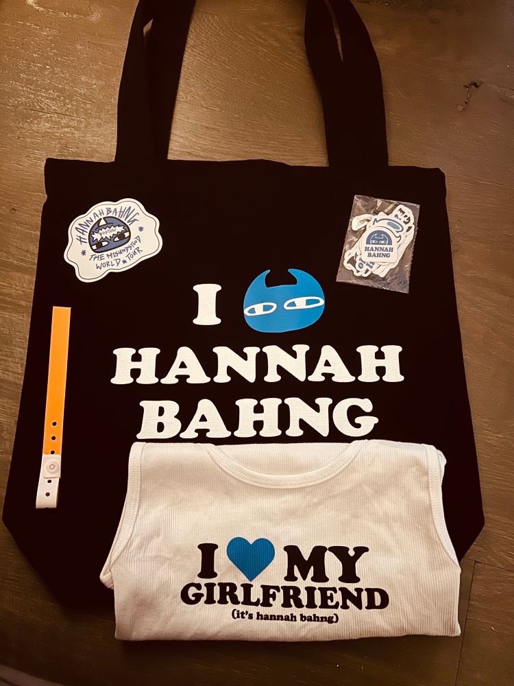 Picture of my Hannah Bahng concert swag laid out atop my Hannah Bahng tote. I also got the previously mentioned “I love (heart) my Girlfriend (it’s hannah bahng)” tank, a sticker set, and a Boston stop magnet. My orange entrance wristband is also there.