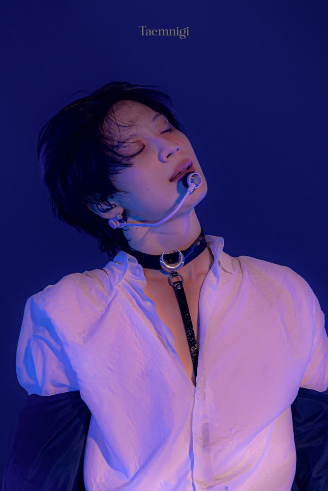 Taemin (photo by Taemingi) in a white button down, collar, and leash (some say a harness - why not both?), dark blue-green (we’ll call it Dark SHINee) velvet jacket lowered down around his elbows, making a face of . . . pleasure.