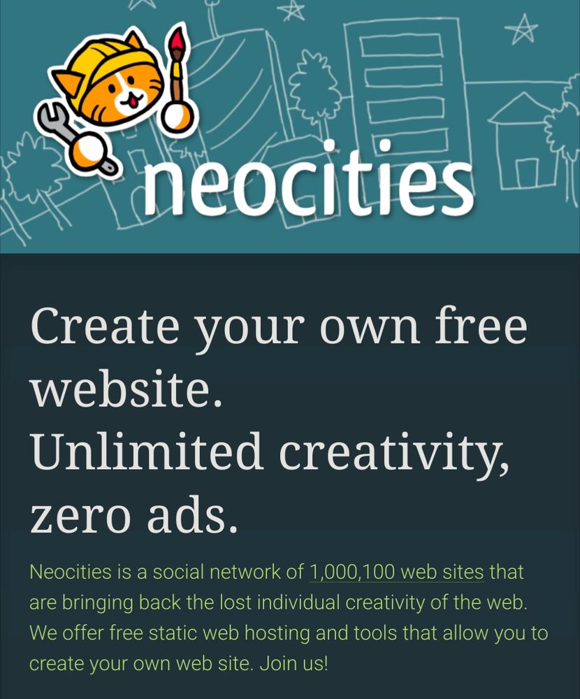 Screenshot of Neocities showing one million sites