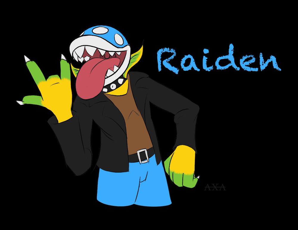 Blue Punk Piranha plant OC, Raiden holding up a "Rock On" hand gesture