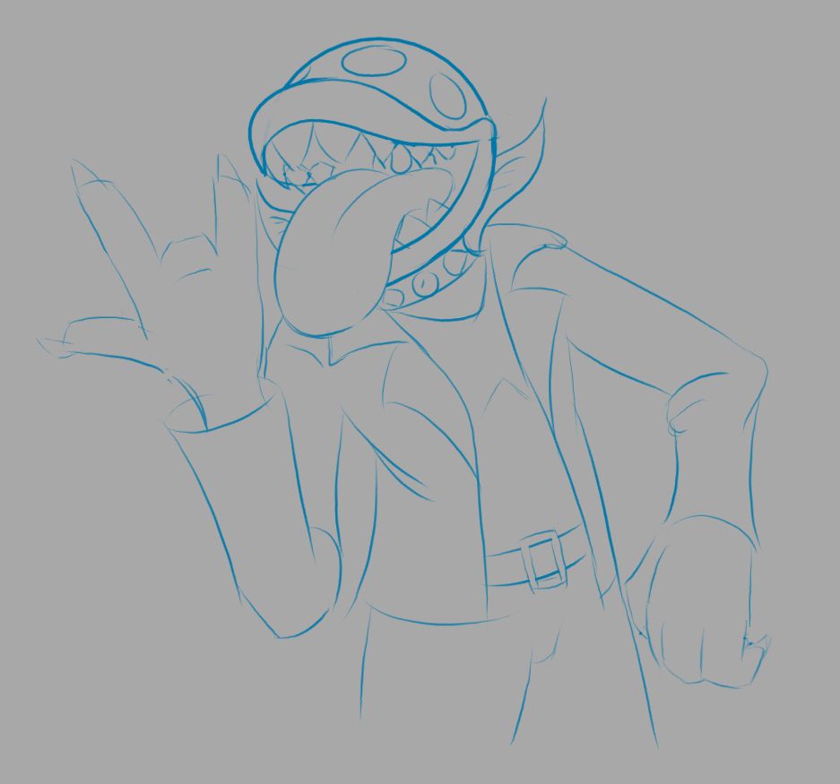 Punk Piranha plant OC, Raiden holding up a "Rock On" hand gesture (Original Sketch Phase)
