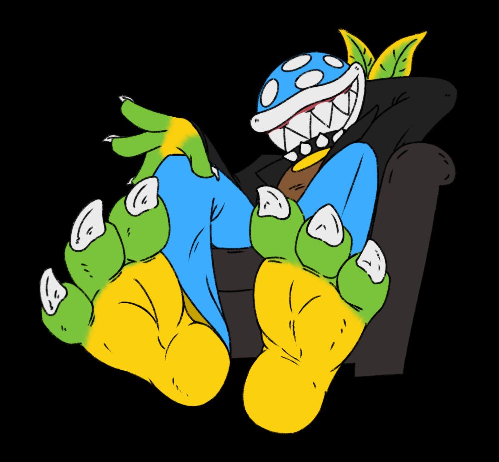 Punk piranha plant Raiden presenting 3 toed and clawed meaty paws / feet to the viewer while sitting on the end of a couch.