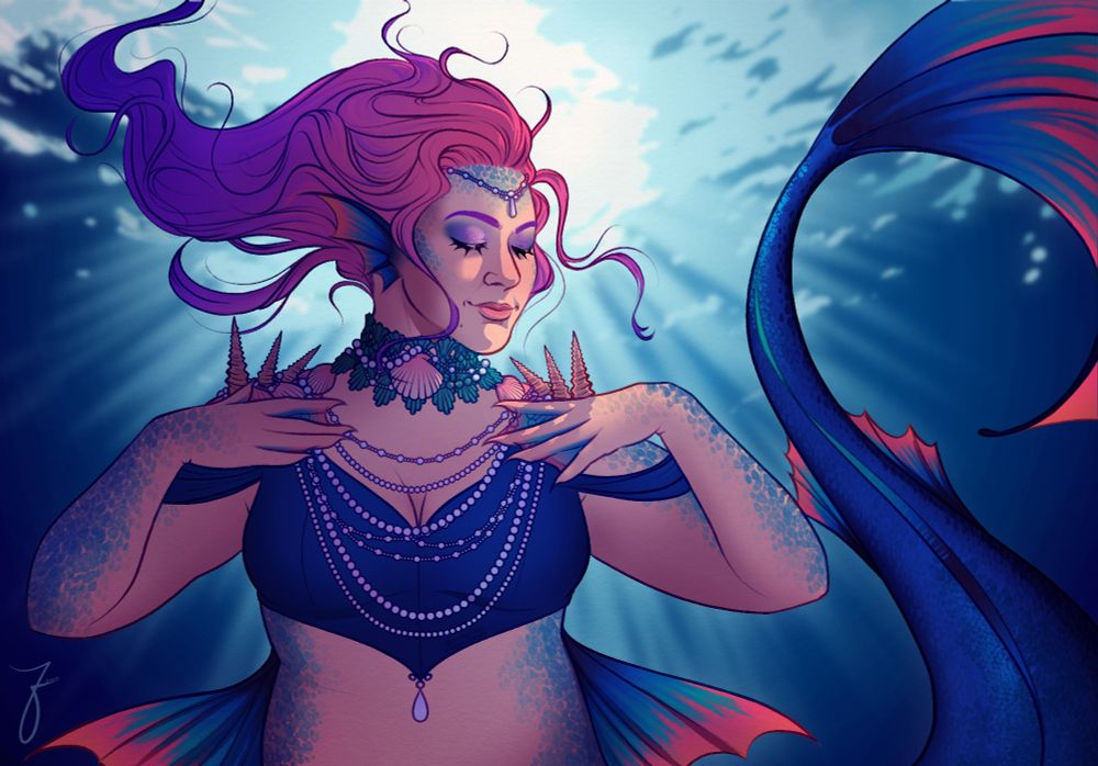 A vibrant mermaid posed with their hands brushing either shoulder and face turned to the sided with their eyes closed and tail swishing behind them. Their long curly hair is an ombre of pink at the roots blending into purple and deep blue at the tips sweeps up behind them. They wearing a cropped fitted top in dark blue with seashell capped shoulders and a lace and pearl choker with multiple pearl necklaces draped over them. Their tail is a dark blue with teal fins tipped in bright coral pink.