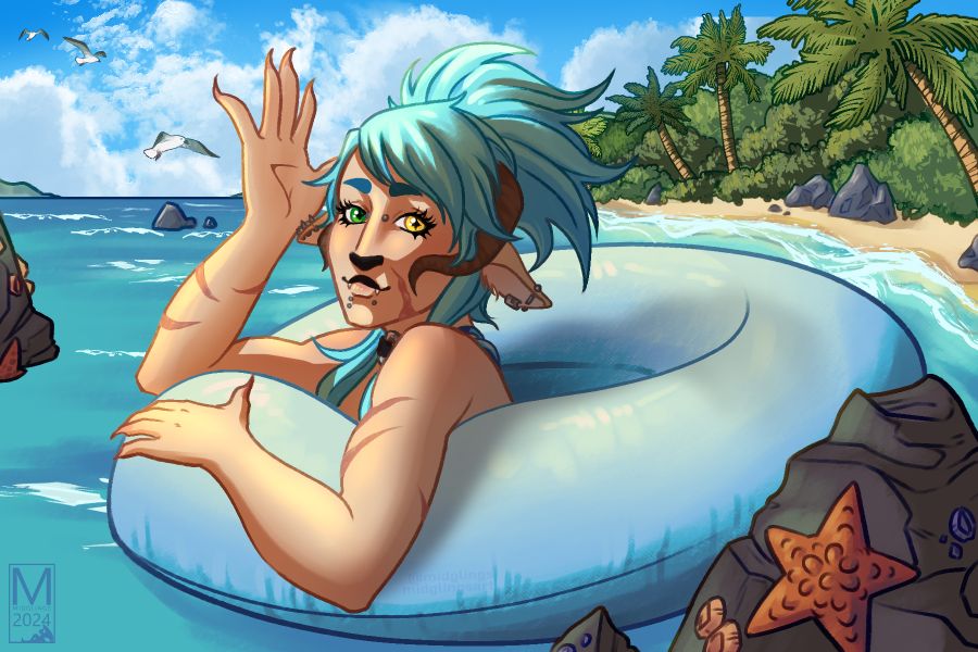 Character belongs to SheepBrigade. Sheep is a pale scarred human/ram hybrid with a choppy teal haircut in a high ponytail, ram horns curl around close to their face. The have a green right eye and a yellow left eye, their sheep ears are a pale cream with multiple silver piercings. They float in a baby blue innertube on a sunny beach.