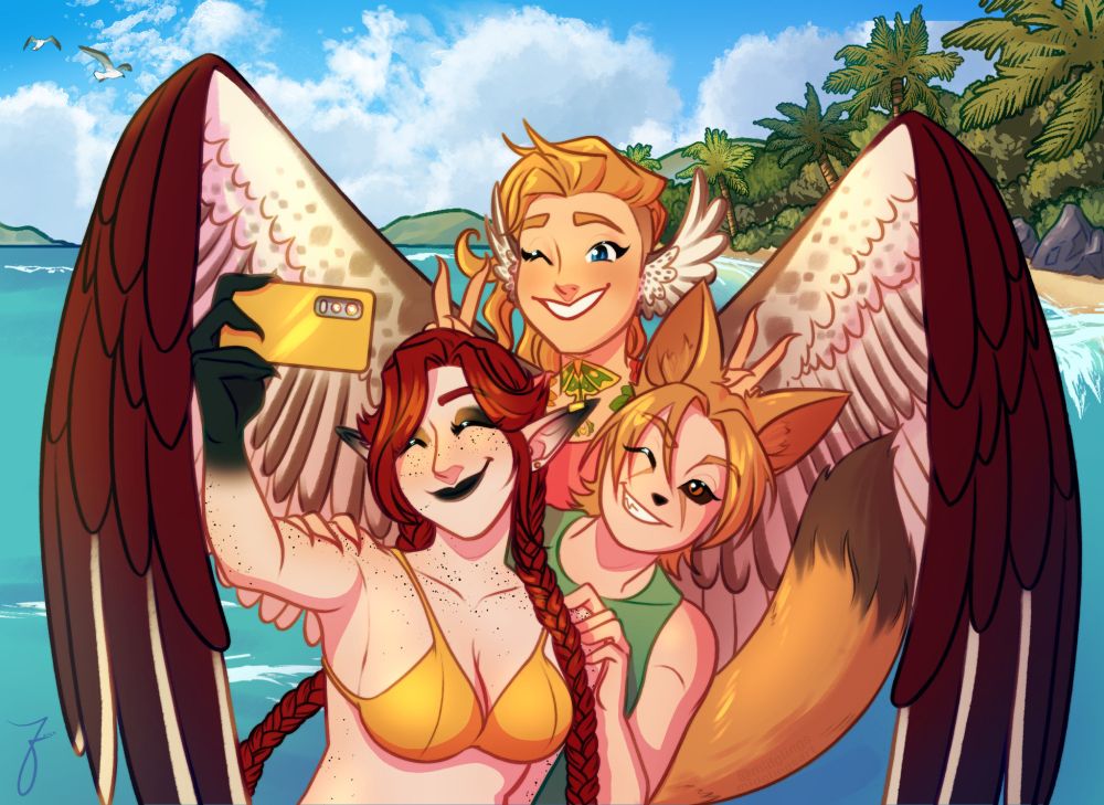 The stream sonas of the BCR crew posing for a picture on the beach. Koboldkurios (a red headed fey with their hair in long twin braids and a yellow bikini holding a phone up for a selfie as everyone crowds behind them), Foxxology (a fox/human hybrid with short golden hair and fur winks a gold/black sclera eye and smiles for the camera as they peak over Koh's shoulder), Midglings (a bird/human hybrid with blond hair, blue eyes, and their small wing ears curling up as they smile, their hands are making bunny ears behind Koh and foxxs heads as their white/red brown wings curl around the group to frame the shot.)