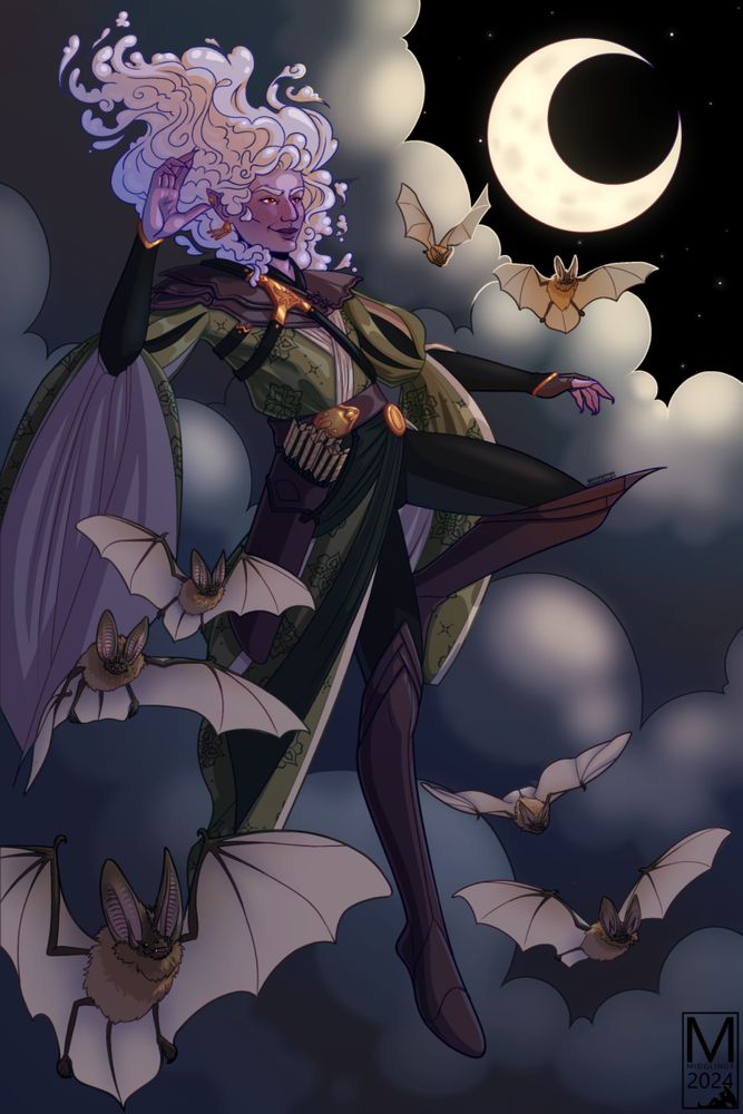 An air genasi with a cloud of fog-like white hair and lavender skin jumping through the air, surrounded by a swarm of bats. They're wearing a green draped tabard and knee high boots with a quiver of arrows at their hip. Behind them is billowing fog and a crescent moon