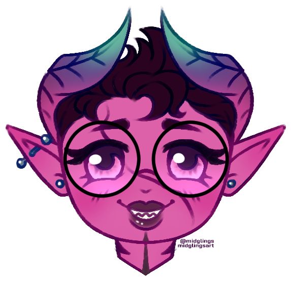 a pink tiefling with ombre pink to purple to cyan horns that curve from behind their head. They have a large scar from their left brow, bisecting their face diagonally. 