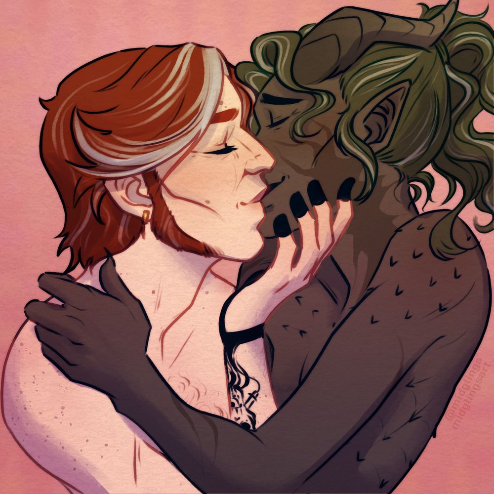 Alligan, a red headed human with grey hair peppered through their hair kissing Ateris, a grey brown skinned tiefling with green and grey hair and sloping ridged horns