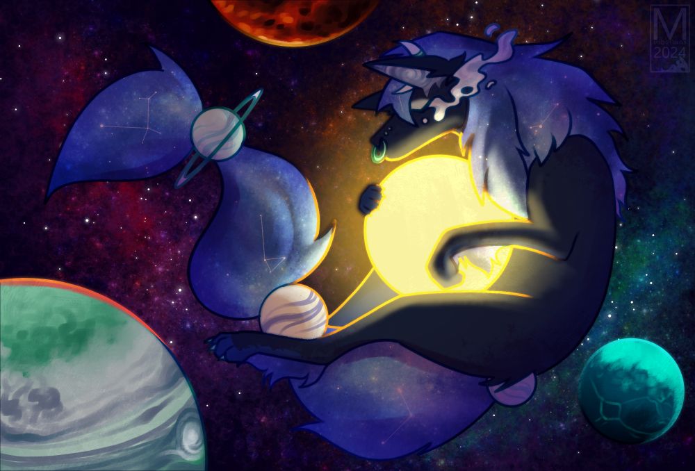 OC belongs to Littlebitfoxish. A navy wolf with a galaxy mane and tail pinched like a braid with planets, their curled around a bright yellow sun as they float through space.