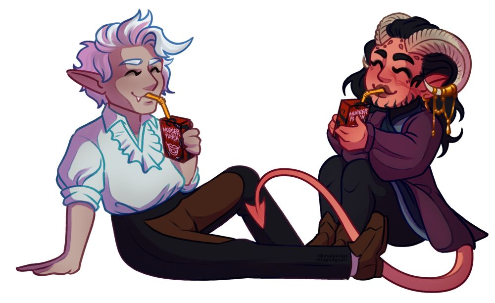 astarion and gwheezey's dark urge tiefling drinking juice boxes (bg3) atarion is pale, white haired elf vampire wearing a white loose top with ruffles down the neck and black pants. The tielfing is a coral pink with ivory horns and black hair.